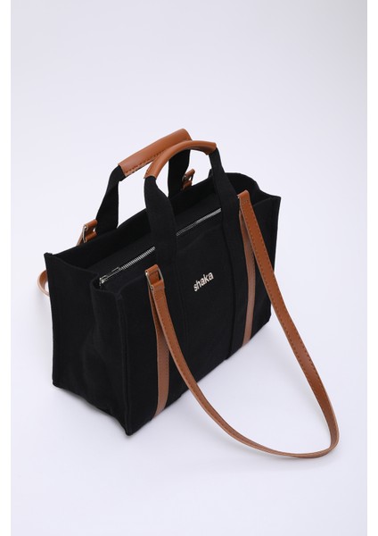 Siyah SHK170 Kanvas Kumaş, Tek Bölmeli, Iç Cepli, Astarlı, Femuarlı El, Kol ve Omuz Çantası