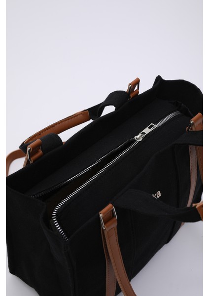 Siyah SHK170 Kanvas Kumaş, Tek Bölmeli, Iç Cepli, Astarlı, Femuarlı El, Kol ve Omuz Çantası