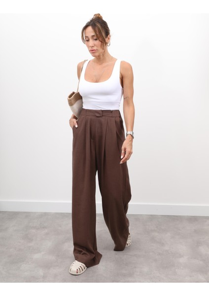 Kadın Bel Lastikli Pilise Detay Kahverengi Keten Palazzo Pantolon