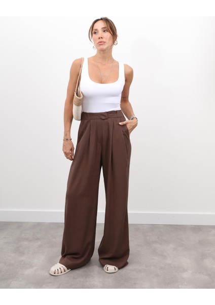 Kadın Bel Lastikli Pilise Detay Kahverengi Keten Palazzo Pantolon modelleri