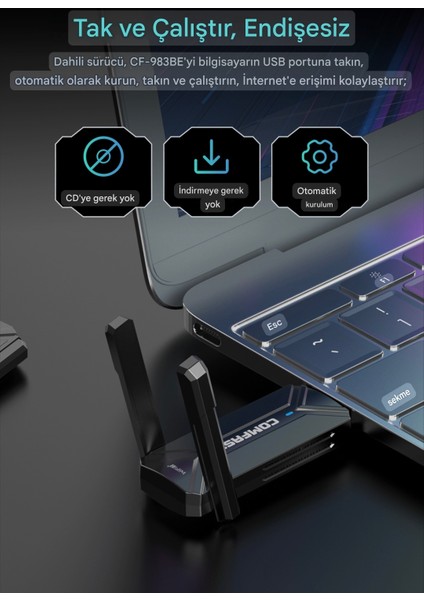 Wifi-7 6G+5G+2.5G 3 Bant 6500Mbps. Usb 3.0 Yüksek Hızlı Wifi Adaptör Ce Lisanslı Sertifikalı Yeni Nesil Son Teknoloji Orjinal