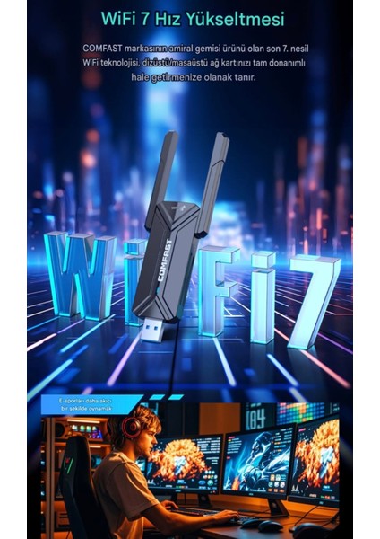 Wifi-7 6G+5G+2.5G 3 Bant 6500Mbps. Usb 3.0 Yüksek Hızlı Wifi Adaptör Ce Lisanslı Sertifikalı Yeni Nesil Son Teknoloji Orjinal