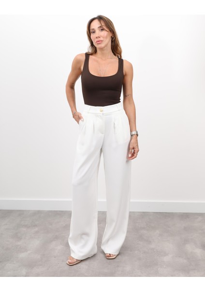 Kadın Yüksel Bel Arkası Lastikli Pileli Palazzo Ekru Pantolon