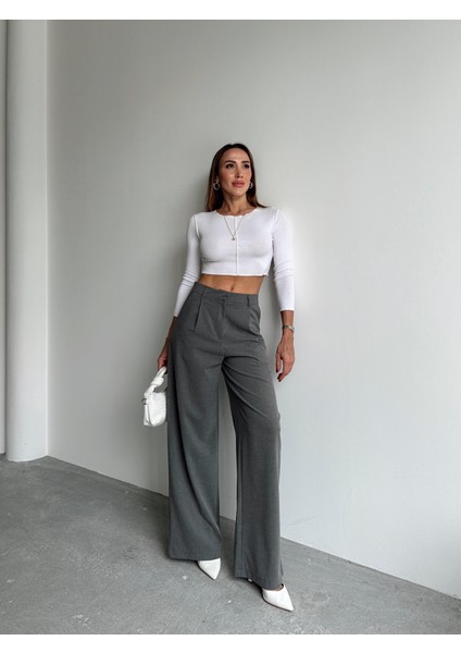 Kadın Tokalı Yüksek Bel Antrasit Palazzo Pantolon
