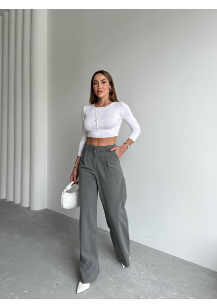 Kadın Tokalı Yüksek Bel Antrasit Palazzo Pantolon modelleri