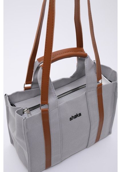 Gri SHK170 Kanvas Kumaş, Tek Bölmeli, Iç Cepli, Astarlı, Femuarlı El, Kol ve Omuz Çantası