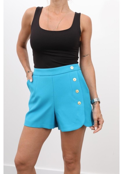 Kadın Fermuarlı Düğme Detay Mavi Şort