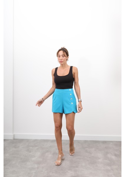 Kadın Fermuarlı Düğme Detay Mavi Şort fiyatları