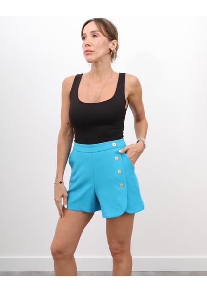 Kadın Fermuarlı Düğme Detay Mavi Şort modelleri