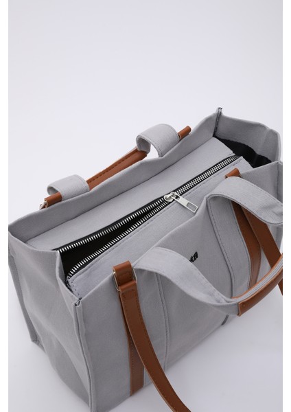 Gri SHK170 Kanvas Kumaş, Tek Bölmeli, Iç Cepli, Astarlı, Femuarlı El, Kol ve Omuz Çantası