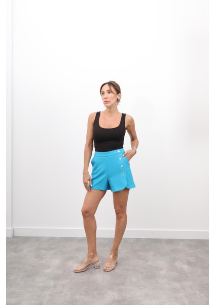 Kadın Fermuarlı Düğme Detay Mavi Şort fırsatları