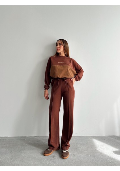 Kadın Paraşüt Detay Sweat Pantolon Kahverengi Modal Takım