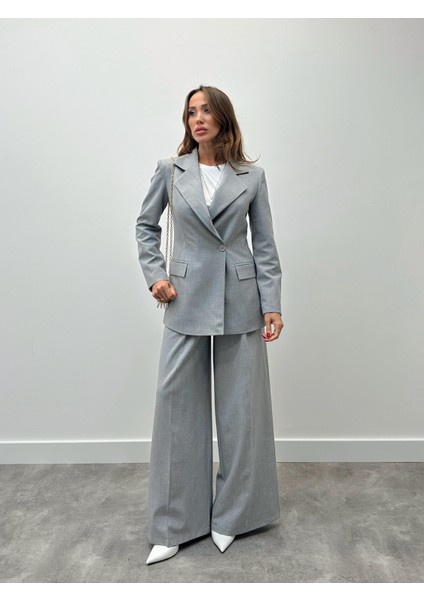 Kadın Tek Düğme Piliseli Palazzo Pantolon Gri Blazer Takım