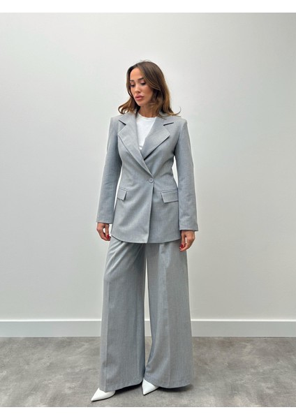 Kadın Tek Düğme Piliseli Palazzo Pantolon Gri Blazer Takım modelleri