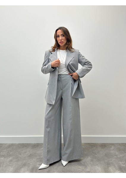 Kadın Tek Düğme Piliseli Palazzo Pantolon Gri Blazer Takım fırsatları