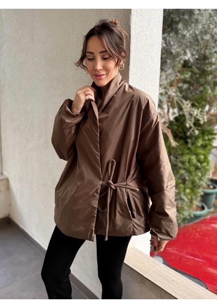 Kadın Kruvaze Kimono Bağlamalı Şişme Kahverengi Ceket