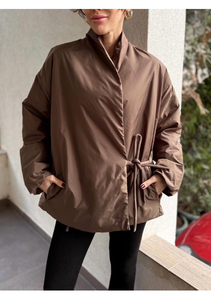 Kadın Kruvaze Kimono Bağlamalı Şişme Kahverengi Ceket fiyatları