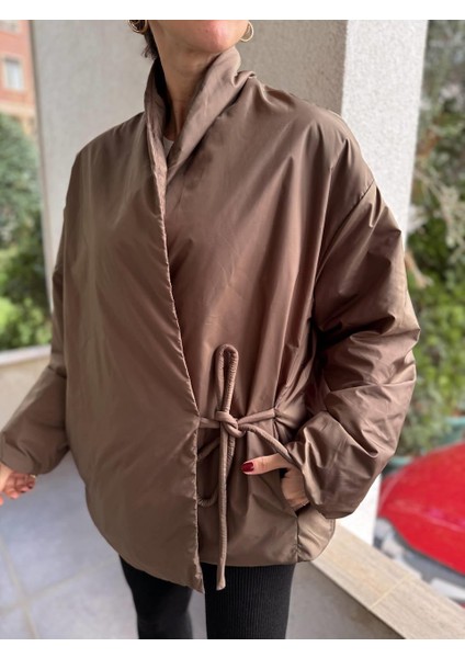 Kadın Kruvaze Kimono Bağlamalı Şişme Kahverengi Ceket modelleri
