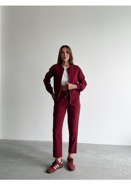 Kadın Fermuarlı Ceket Pantolon Alt-Üst Bordo Takım