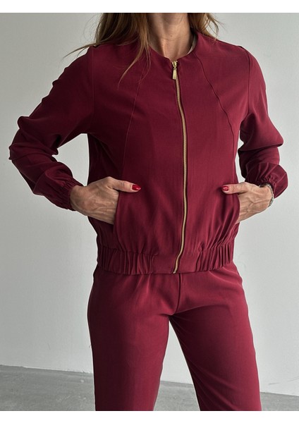 Kadın Fermuarlı Ceket Pantolon Alt-Üst Bordo Takım fiyatları