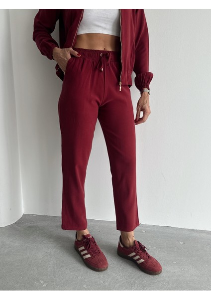 Kadın Fermuarlı Ceket Pantolon Alt-Üst Bordo Takım fırsatları