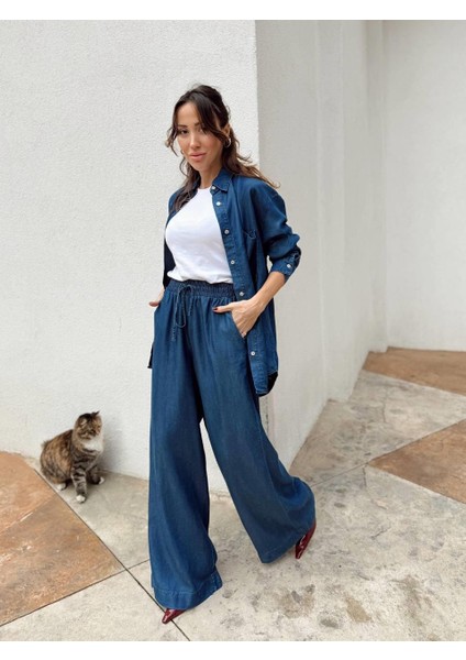 Kadın Mavi Denim Gömlek Pantolon Takım