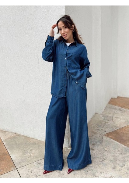 Kadın Mavi Denim Gömlek Pantolon Takım fiyatları