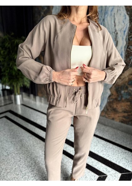 Kadın Fermuarlı Ceket Pantolon Alt-Üst Vizon Takım modelleri