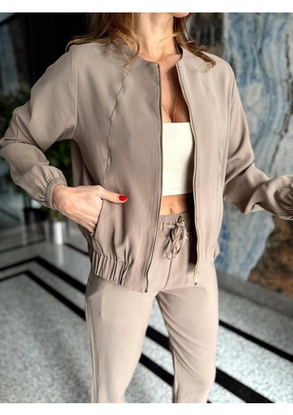 Kadın Fermuarlı Ceket Pantolon Alt-Üst Vizon Takım fırsatları