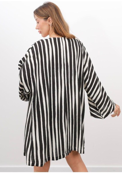 Kadın Lino Çizgili Siyah Keten Kimona Takım fırsatları