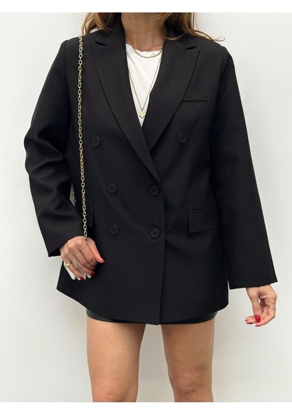 Kadın Kruvaze Yaka Düğmeli Siyah Ceket indirimleri