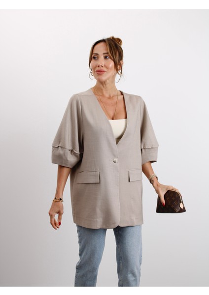 Kadın Astarsız Vizon Balon Kol Keten Ceket