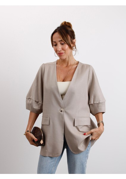 Kadın Astarsız Vizon Balon Kol Keten Ceket modelleri