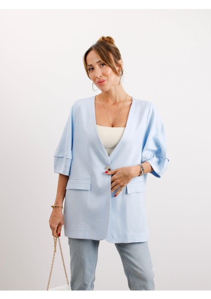 Kadın Astarsız Mavi Balon Kol Keten Ceket