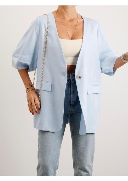 Kadın Astarsız Mavi Balon Kol Keten Ceket fiyatları