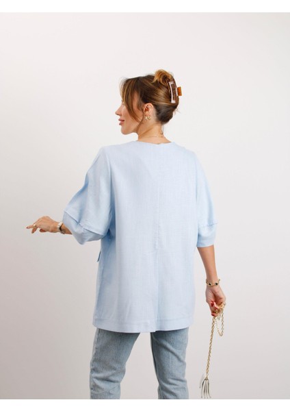 Kadın Astarsız Mavi Balon Kol Keten Ceket modelleri