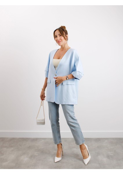 Kadın Astarsız Mavi Balon Kol Keten Ceket fırsatları