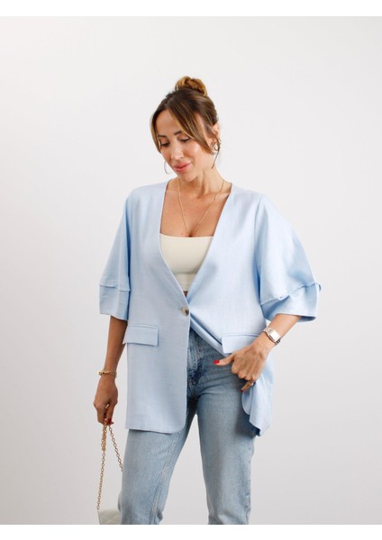 Kadın Astarsız Mavi Balon Kol Keten Ceket indirimleri