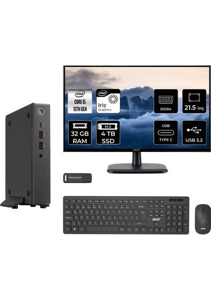 Veriton 2000 Intel Core I5 1334U 32GB 4tb SSD 21.5" Fhd Monitör Fdos Mini Masaüstü Bilgisayar & Per4 USB Bellek DTR3PEM001MNT330