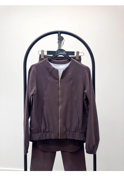 Kadın Fermuarlı Ceket Pantolon Alt-Üst Kahve Takım