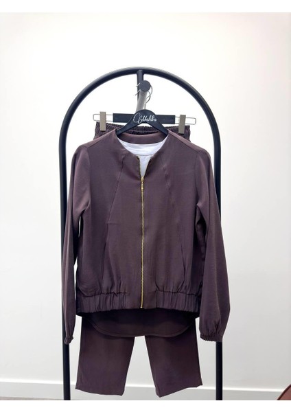 Kadın Fermuarlı Ceket Pantolon Alt-Üst Kahve Takım fırsatları