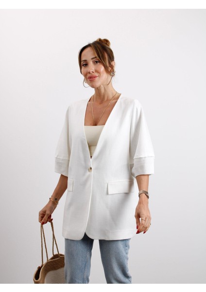 Kadın Astarsız Taş Balon Kol Keten Ceket