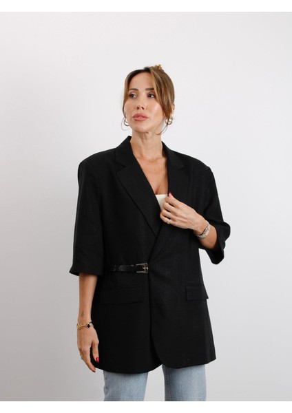 Kadın Kruvaze Yaka Kemerli Siyah Keten Ceket