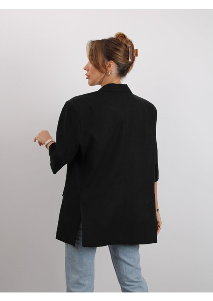 Kadın Kruvaze Yaka Kemerli Siyah Keten Ceket modelleri