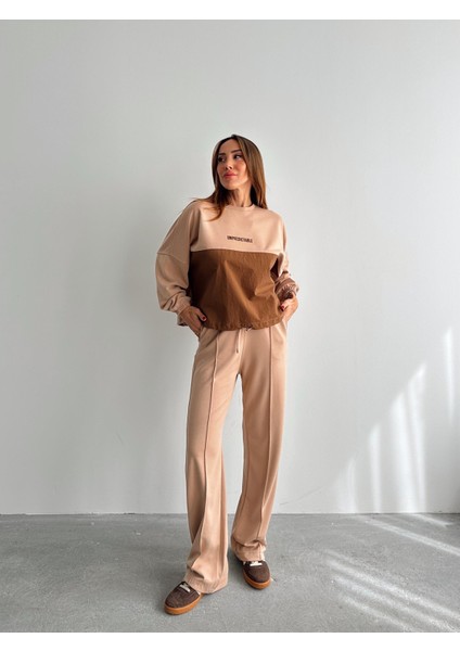 Kadın Paraşüt Detay Sweat Pantolon Vizon Modal Takım