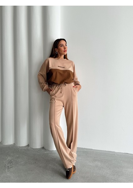 Kadın Paraşüt Detay Sweat Pantolon Vizon Modal Takım modelleri