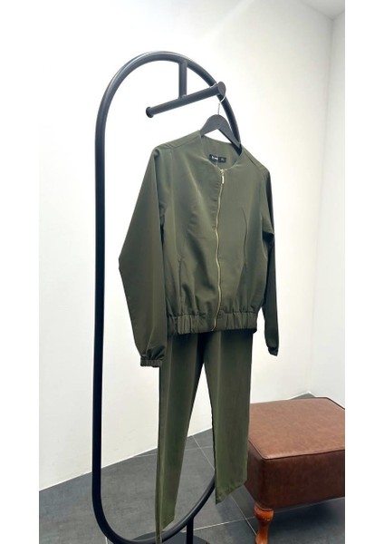 Kadın Fermuarlı Ceket Pantolon Alt-Üst Haki Takım