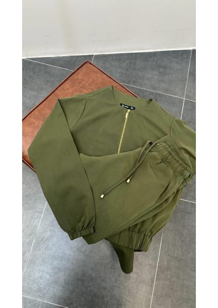 Kadın Fermuarlı Ceket Pantolon Alt-Üst Haki Takım modelleri