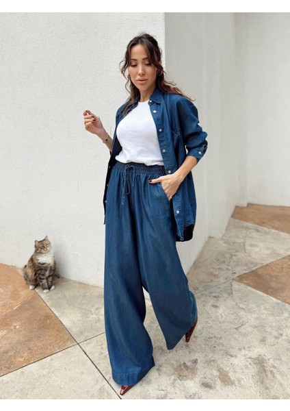 Kadın Mavi Denim Gömlek Pantolon Takım indirimleri