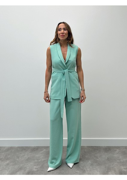 Kadın Mila Kuşaklı Yelek Palazzo Pantolon Yeşil Takım